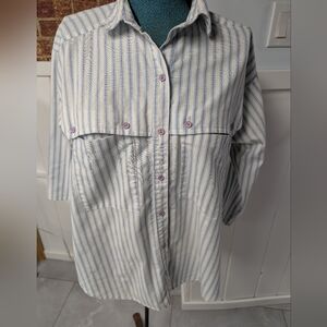 Vintage Blue And White Striped Maternity/ Nursing Collar Blouse